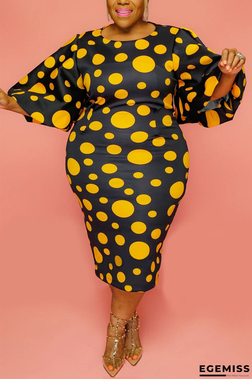 Yellow Fashion Casual O Neck Long Sleeve Flare Sleeve Dot Print A Line Plus Size Dress | EGEMISS