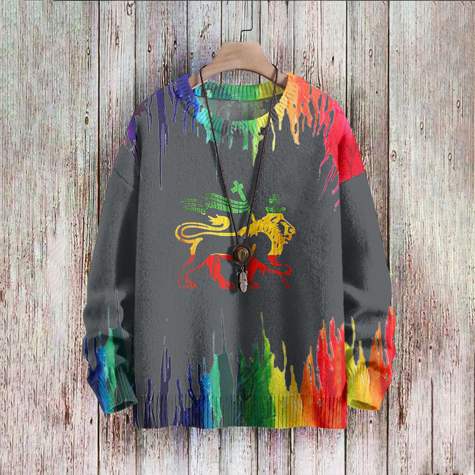 Men'S Rasta Lion Splash Pattern Casual Sweater wearshes