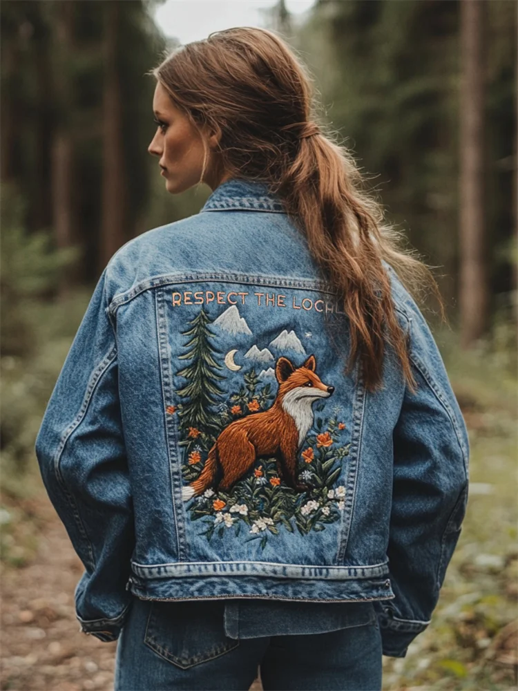 VChics Respect The Locals Fox Landscape Embroidered Denim Jacket
