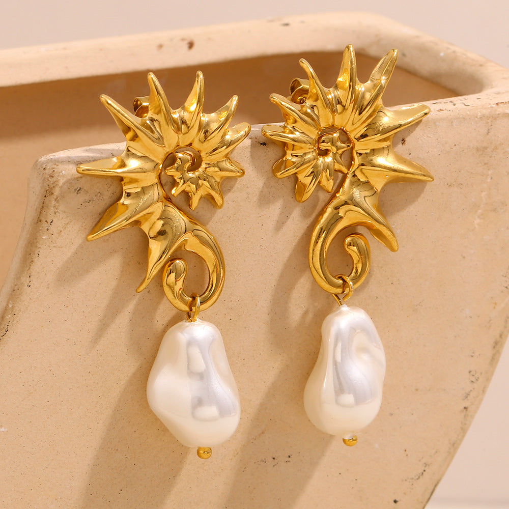 Fashion Retro Personality Earrings Stainless Steel 18K Gold Plated Seahorse Baroque Pearl Earrings