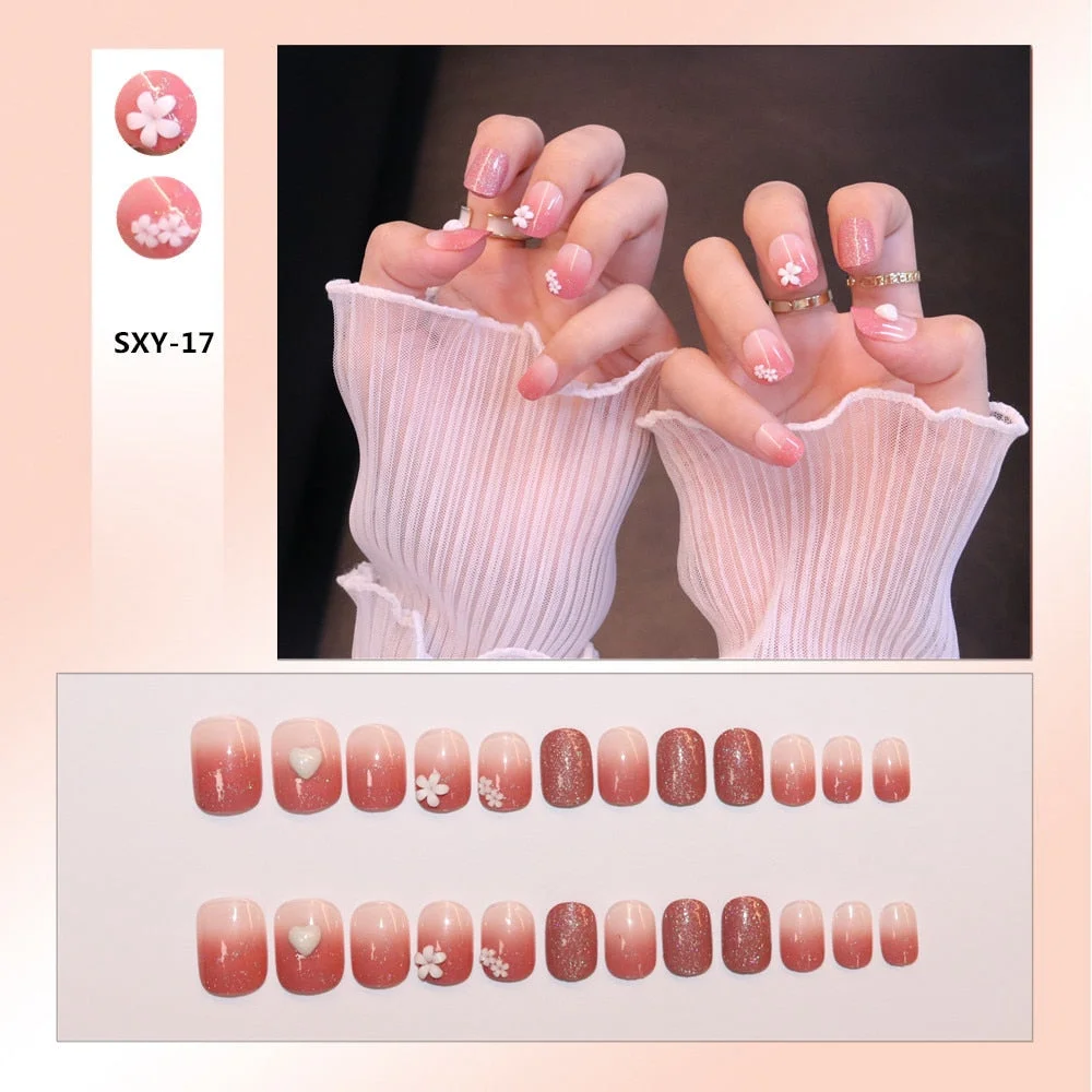 24pcs/box Wearable Finger Fake Nails press on Blue Grey Aurora Effect short size full cover Summer Patch  fake Fingernail tips-Nail Inspo