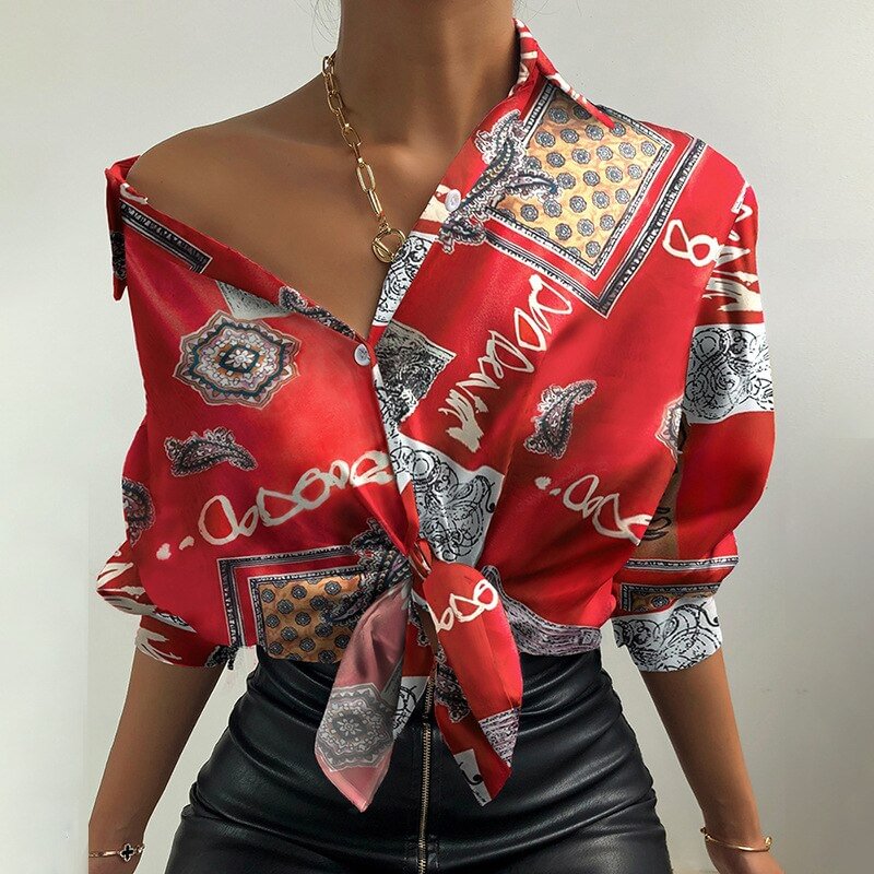 Spring Autumn Women Vintage Print Slim Blouse Lady Long Sleeve Luxury Button Shirts Blusa Office Turn Down Collar Casual Tops