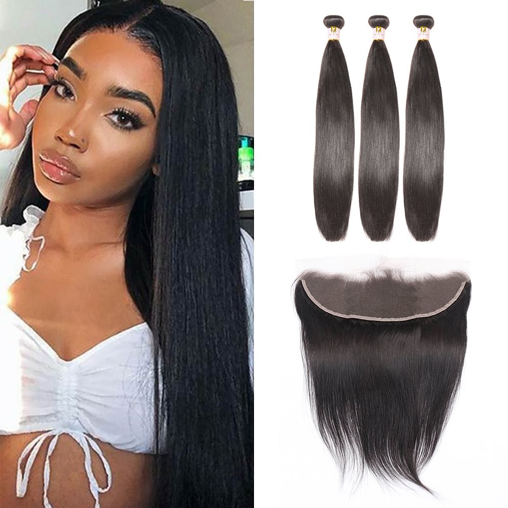 Peruvian Hair Straight 13x4 Ear to Ear Lace Frontal With 3 Bundles Virgin Human Hair Extensions Natural Black Color Zaesvini