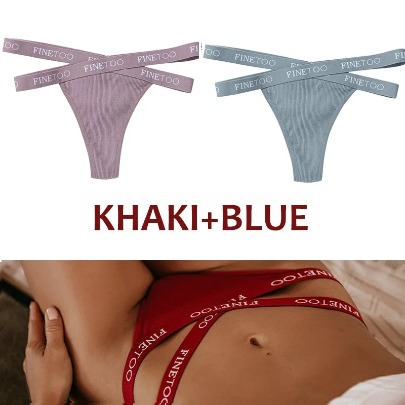 FINETOO 2PCS/Set Women's Cotton G-string Sexy Cross Strap Panties Letter Waisted Underwear Thongs Femme Hollow Out Lady Briefs