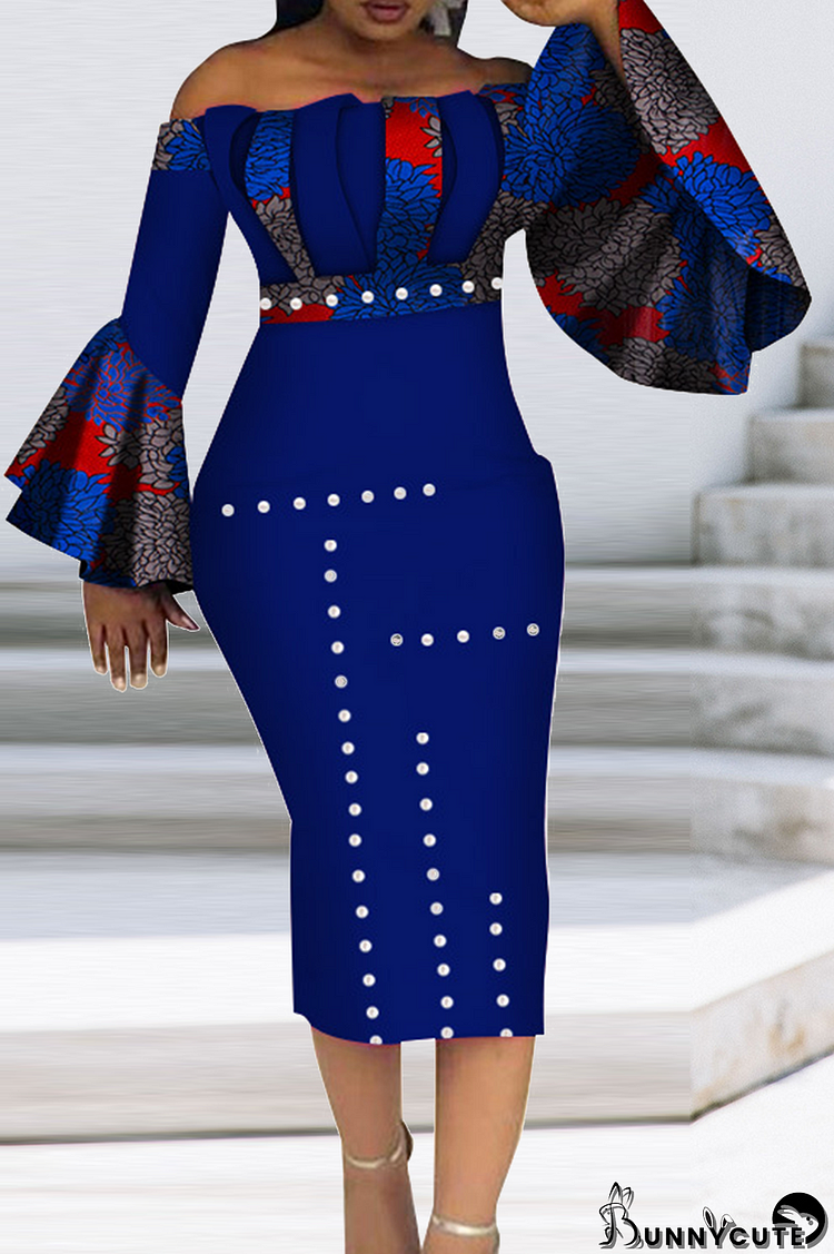 Tibetan Blue Vintage Print Patchwork Off the Shoulder Pencil Skirt Dresses