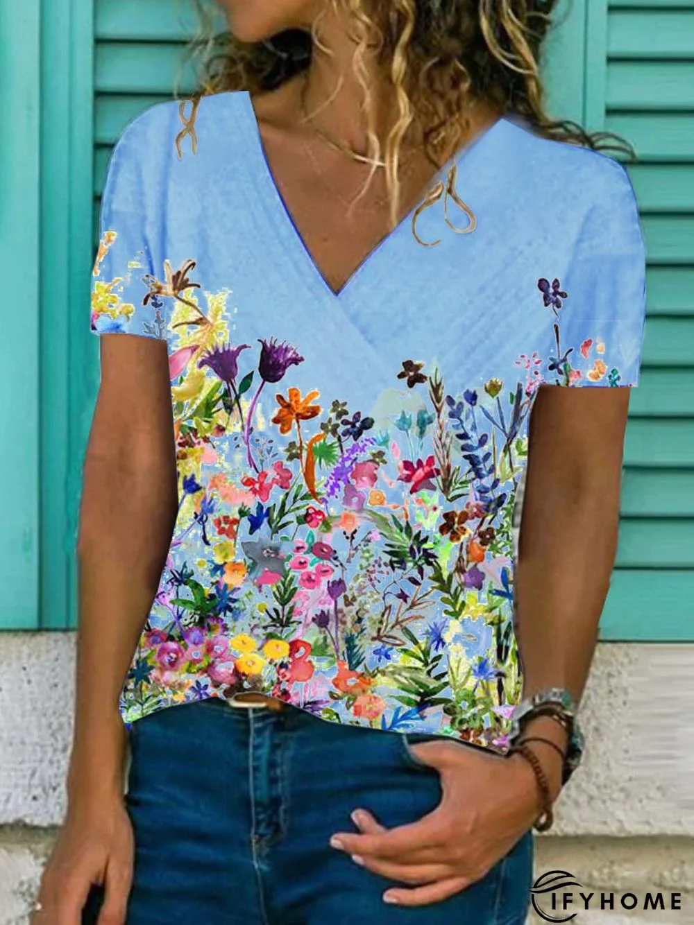 Floral Short Sleeve Printed Cotton-blend V neck Casual Summer Blue Top | IFYHOME