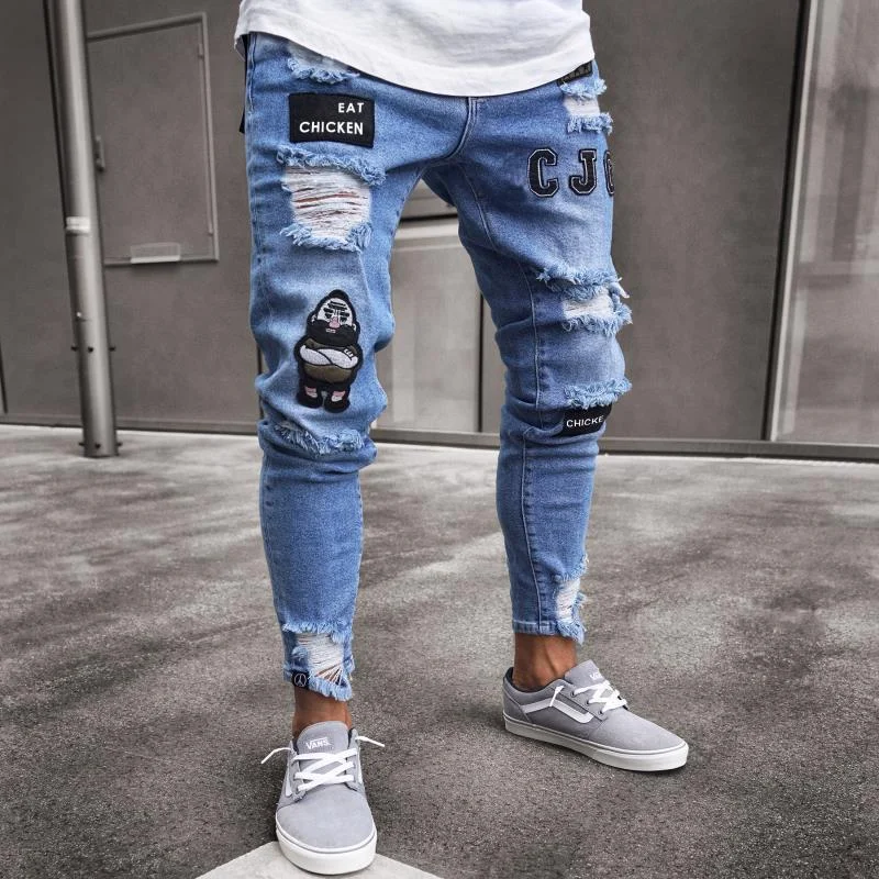Men's Hip Hop Denim Jeans Skinny Ripped Cute Cartoon patchwork Denim Jeans