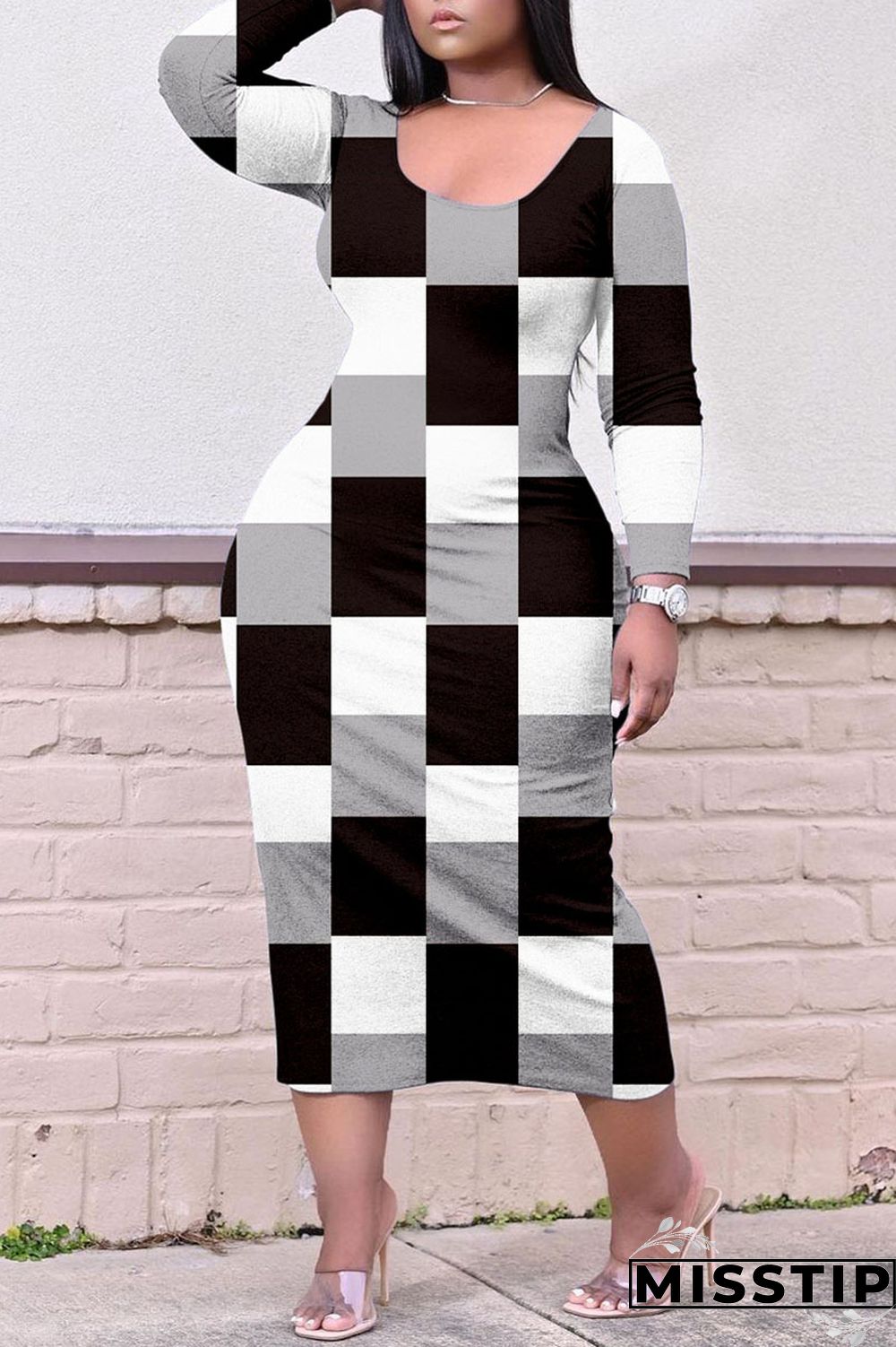 Colour Casual Print Patchwork O Neck Straight Plus Size Dresses