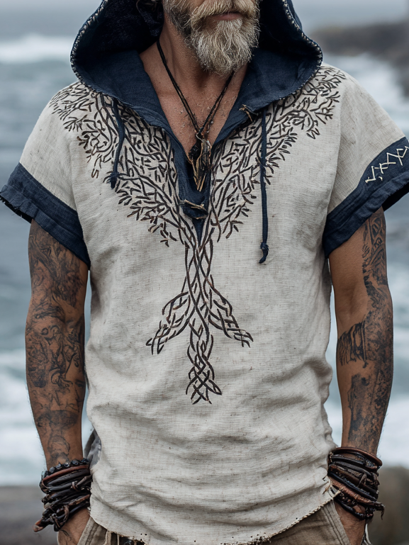 Men's Viking Inspired Two-Tone Yggdrasil Totem Short Sleeve Hoodie / Rvogue / Rvogue