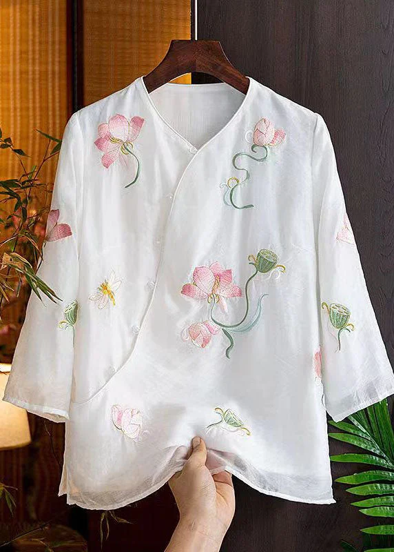 Retro White Embroideried Button Patchwork Cotton Shirts Bracelet Sleeve