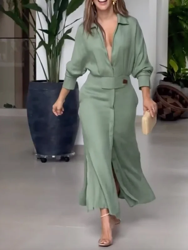 Plain Split-Front Long Sleeves V-Neck Maxi Dresses