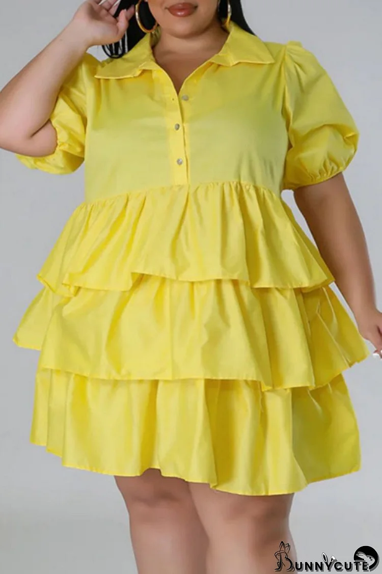 Yellow Casual Solid Patchwork Turndown Collar Cake Skirt Plus Size Dresses