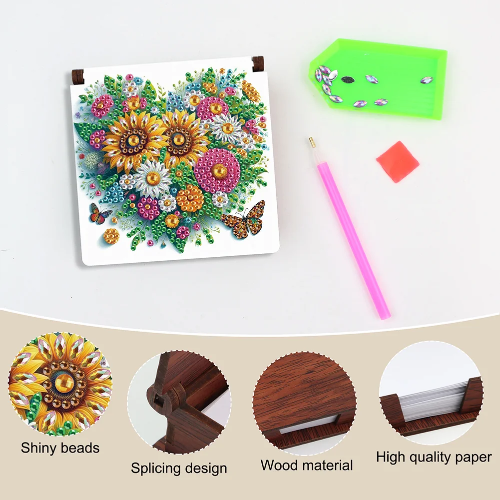Wood Heart Sunflower Diamond Painting Memo Pad Holder Mosaic Kit for Home Office