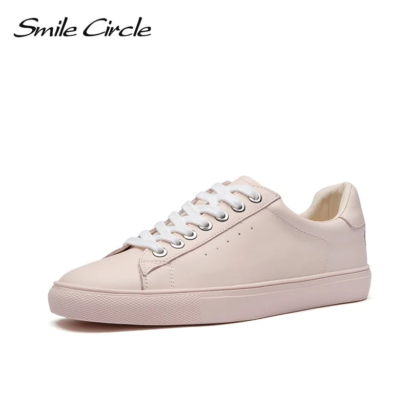 Smile Circle White Sneakers Women Genuine Leather Low-Heel Flat Platform Ladies Fashion White Shoes Women size 36-42