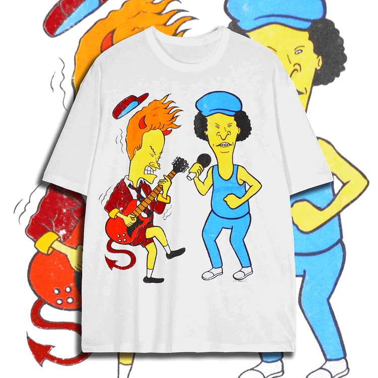 Davidhawaii100% Cotton Casual Street Retro Cartoon Rock Double-sided White T-shirt - 100% Cotton