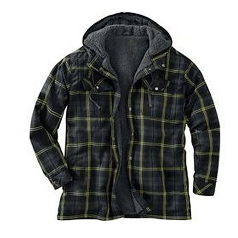 Hooded Casual Plaid Pocket Long Sleeve Jacket Shirt、、URBENIE