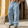 Men's Casual Vacation Solid Color Comfortable Breathable Multi-pocket Linen Cargo Pants by Inlyline