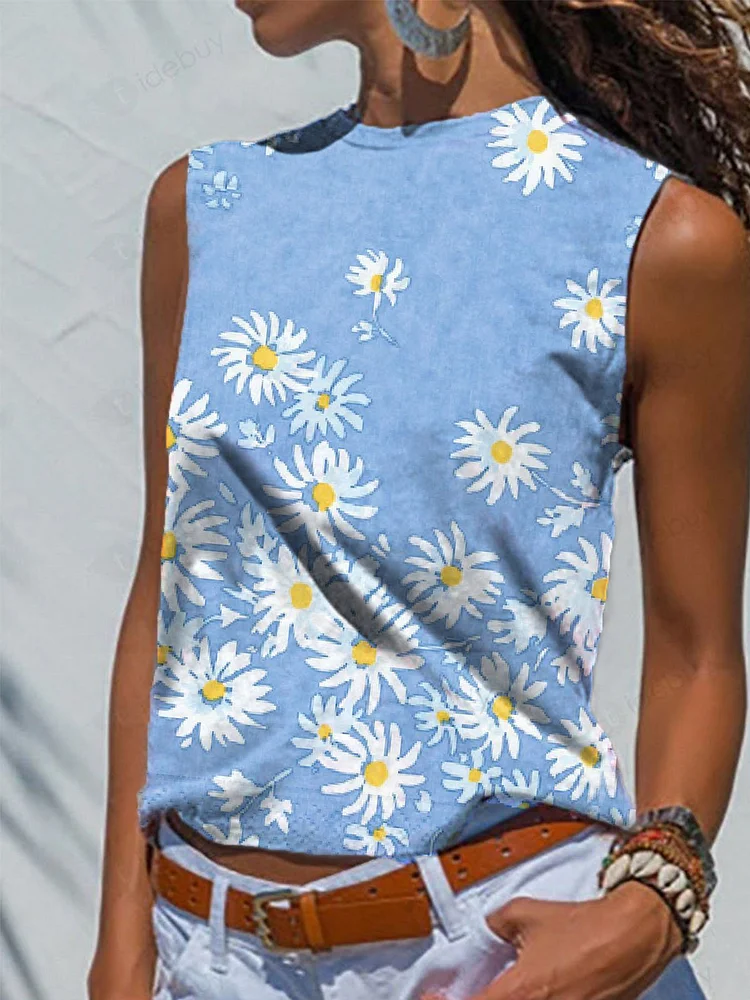 Sleeveless Floral-Print Casual Crew Neck T-Shirt