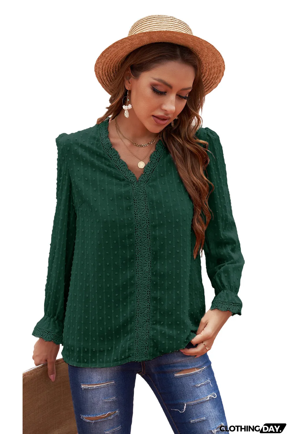 Elegant V-Neck Swiss Dot Lace Blouse