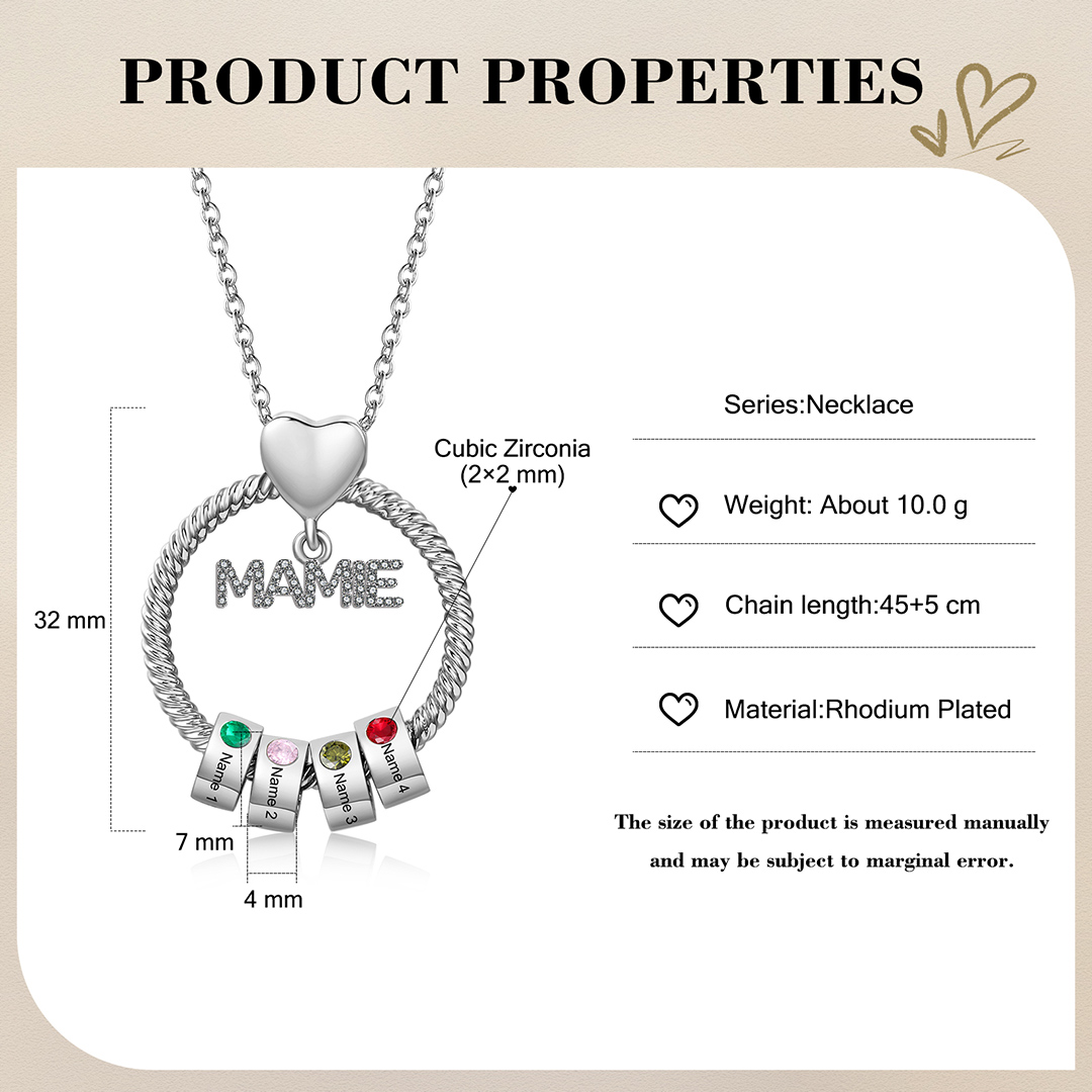 À ma Mamie - Collier Personnalisé Pendentif 4 Prénoms et Pierre de naissance Or/Argent｜Jessemade