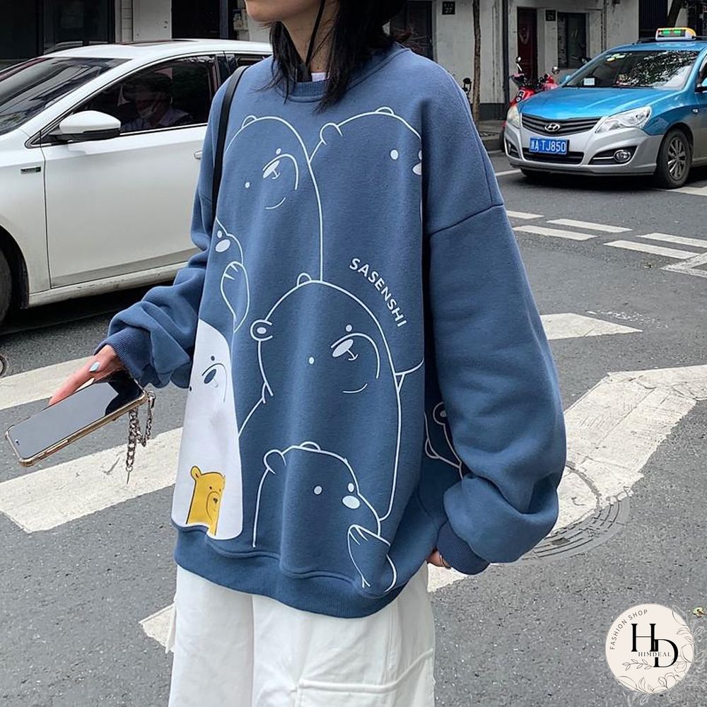 Womens Sport Shirt Spring Kpop Loose Long-Sleeved Coat Student Cartoon Print Top Harajuku