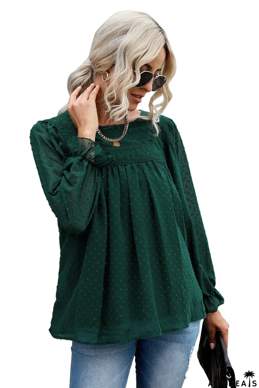 Swiss Dot Hollow Out Ruffle Sleeve Blouse