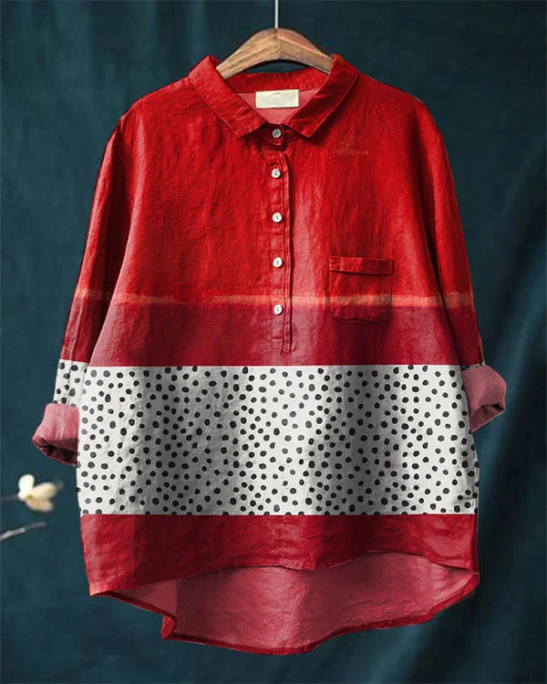 Vintage Red Dot Abstract Art Print Cotton and Linen Casual Shirt