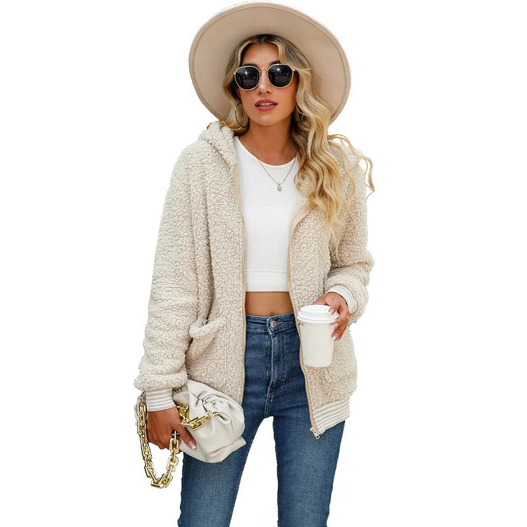 Womens Outerwear Hooded Loose Mid Length Fleece Coat