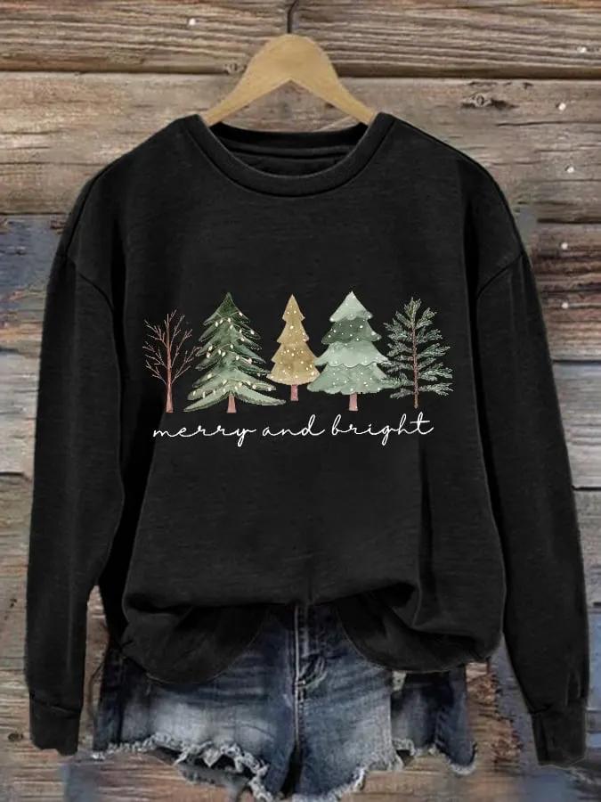 Women's Casual Merry And Bright Print Long Sleeve Sweatshirt