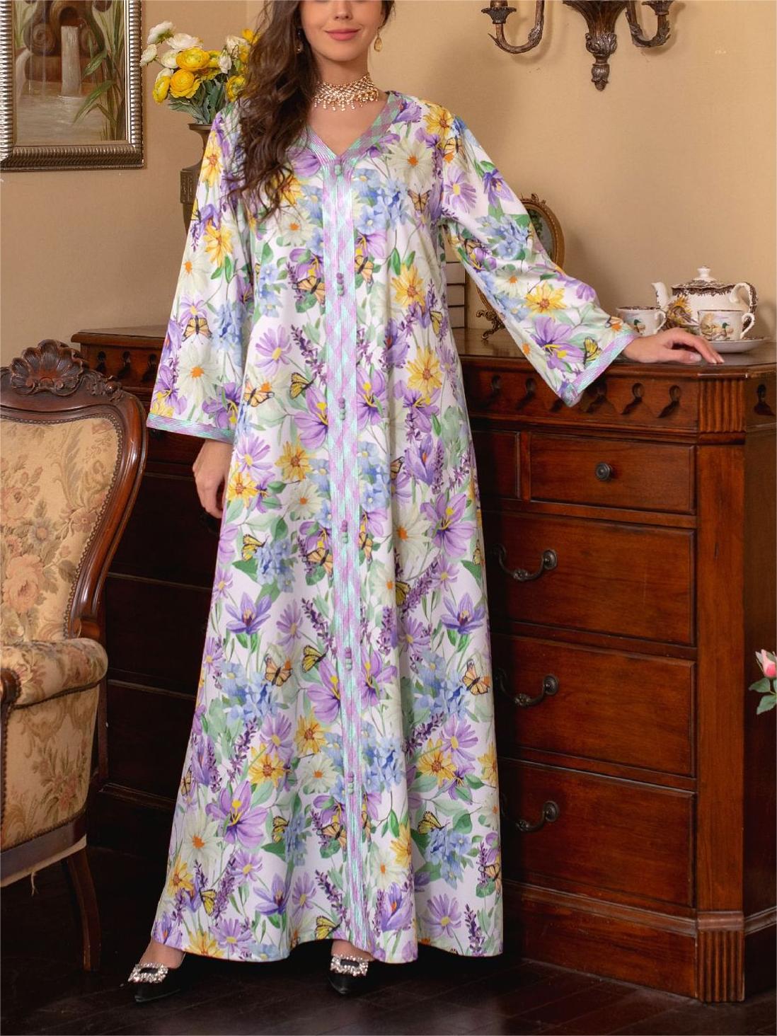 Elegant Floral Print V-Neck Kaftan | Oxredo Shop Ramadan Sale