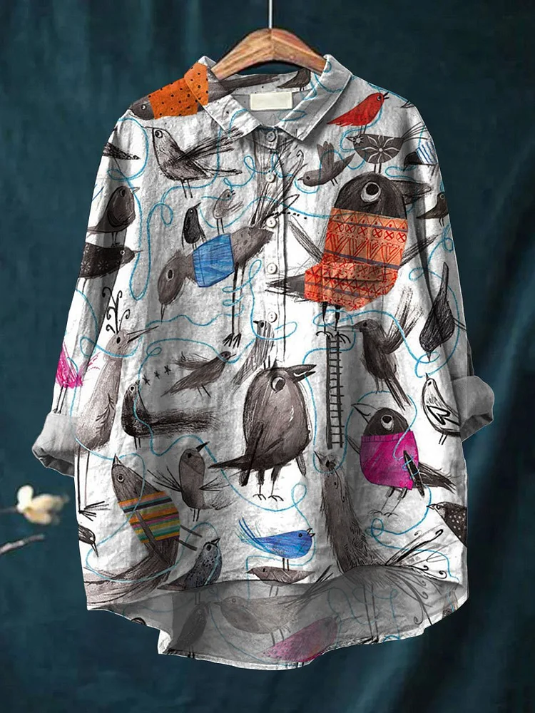 Women's Bird Art Print Casual Cotton And Linen Shirt