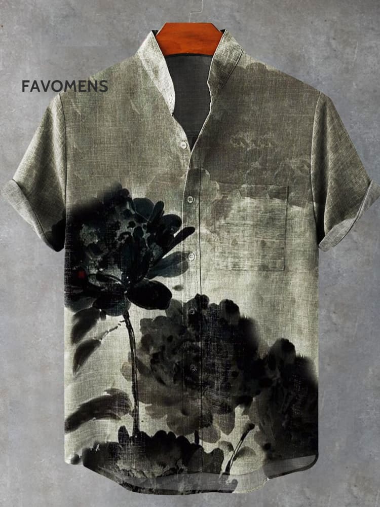 Vintage Black Lotus Ink Print Casual 100% Cotton Shirt Multicolor / S