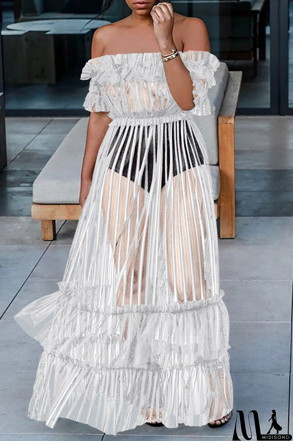 MidiSono - White Sexy Solid Split Joint U Neck Cake Skirt Dresses