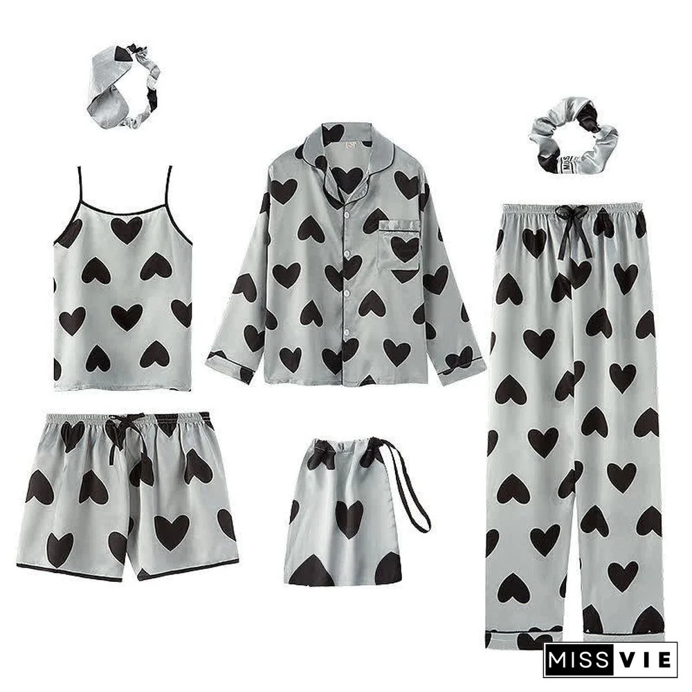 Love Heart Bow Knot Print Silk Pajamas Seven Pieces Set