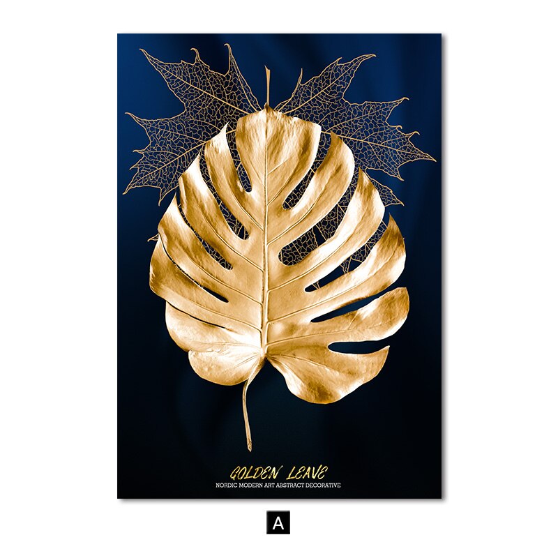 Golden Blue Leaves Flower Rose Nordic Poster Modern Abstract Canvas Art Print Painting Wall Pictures for Living Room Decoration