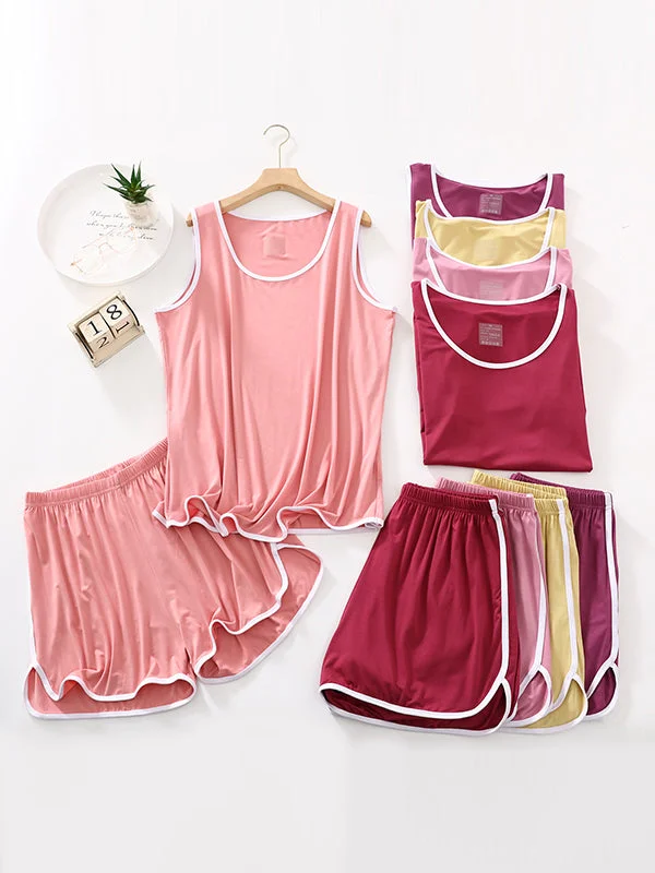 Pure Color Sleeveless Roomy Vest Top + Elasticity Pleated Shorts Bottom Pajama Sets