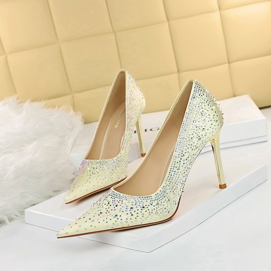 European-American Sexy High-heeled Shoes, Shallow Pointed Satin Glittering Rhinestone Women's Shoes-PABIUYOU- Women's Fashion Leader