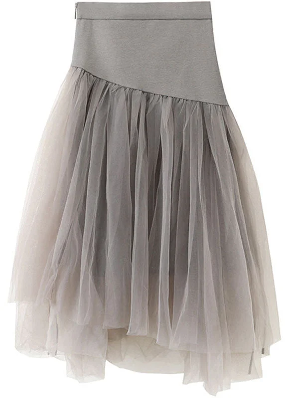 Chic Grey High Waist Asymmetrical Patchwork Tulle Skirt Summer