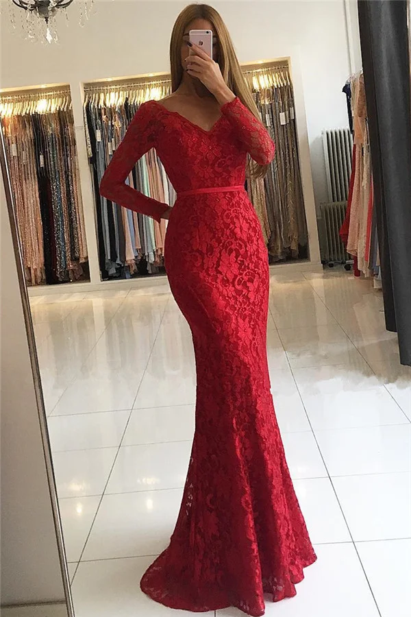 Luluslly Long Sleeves Red Lace Evening Dress V-Neck Memaid Party Gowns
