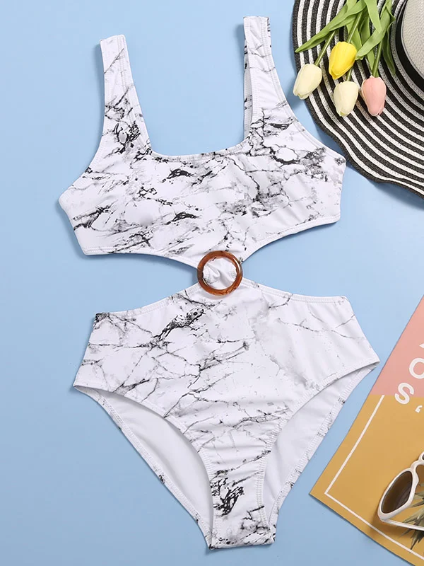 Floral Print Sleeveless Split-Joint Hollow Monokini Swimwear	