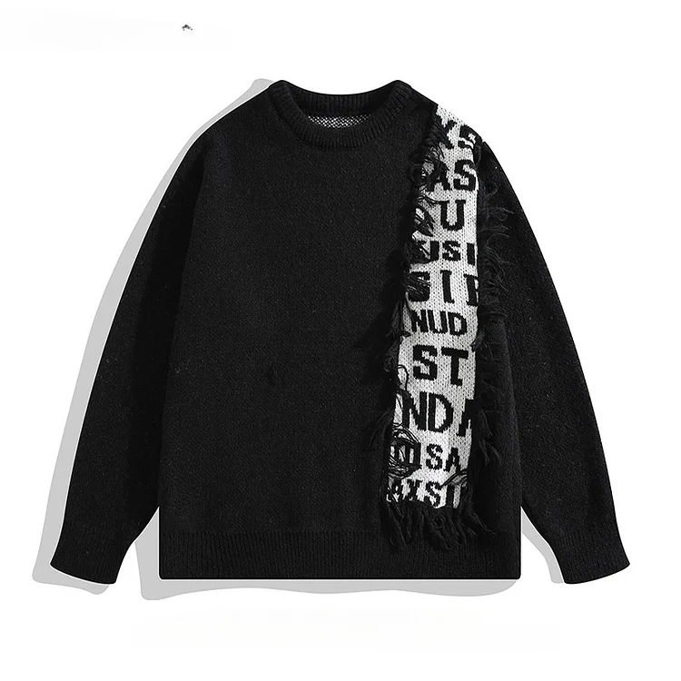 Traceeye Autumn Winter Contrast Color Spliced Raw Edged Pullover Sweaters Men's O-neck  Letter Jacquard Versatile Casual Loose Knitwear