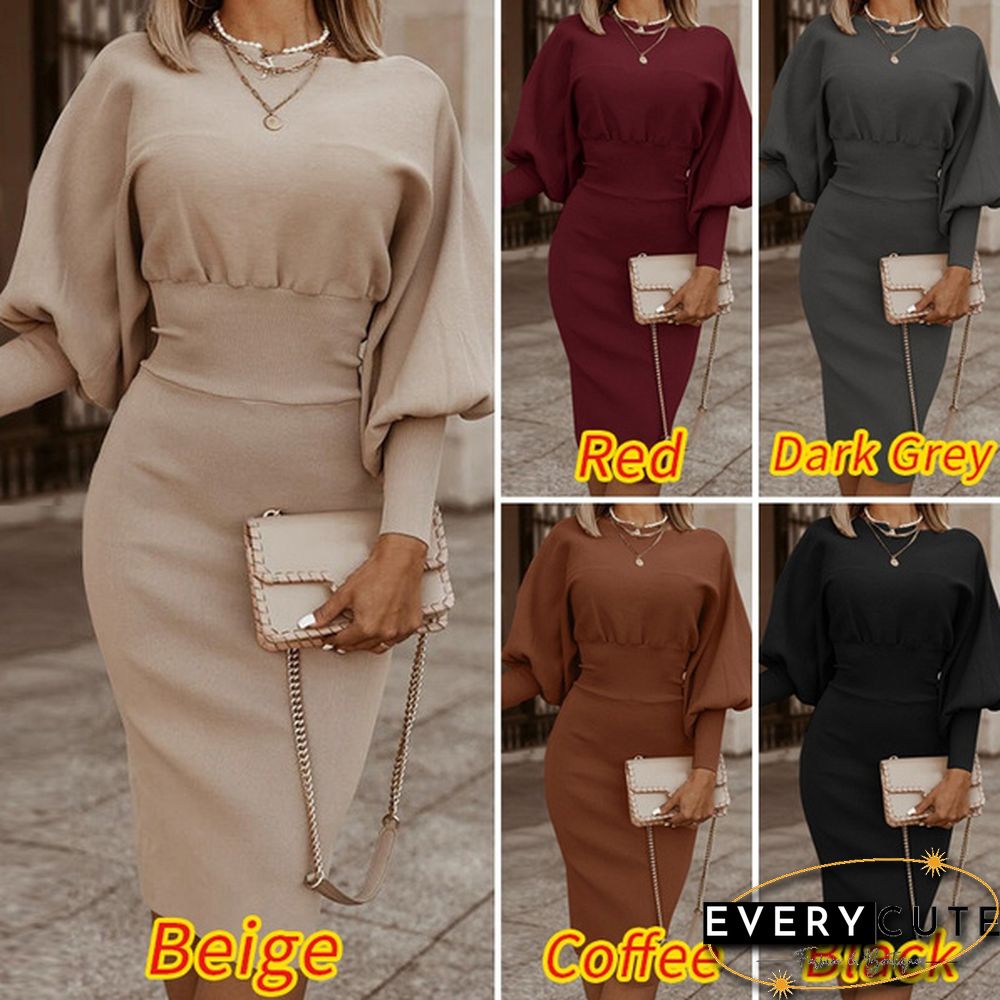 Women Fashion Elegant Sundress Crew Neck Solid Full Sleeve Party Club Slim Midi Dresses