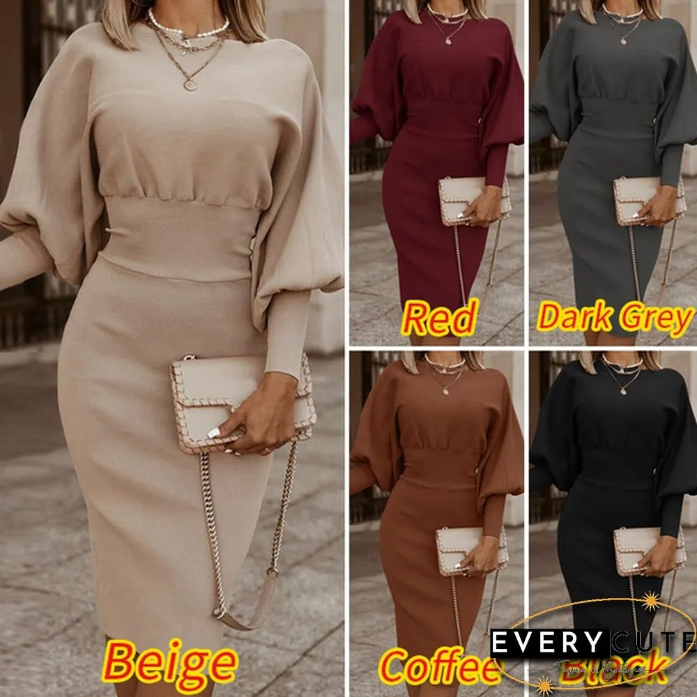 Women Fashion Elegant Sundress Crew Neck Solid Full Sleeve Party Club Slim Midi Dresses