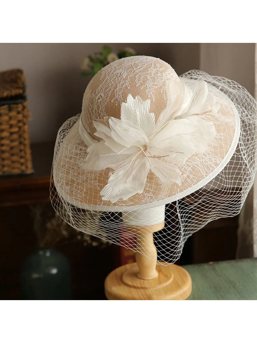 Elegant Hats for Wedding with Mesh Flowers Wide Brim Vintage Fisherman Hat
