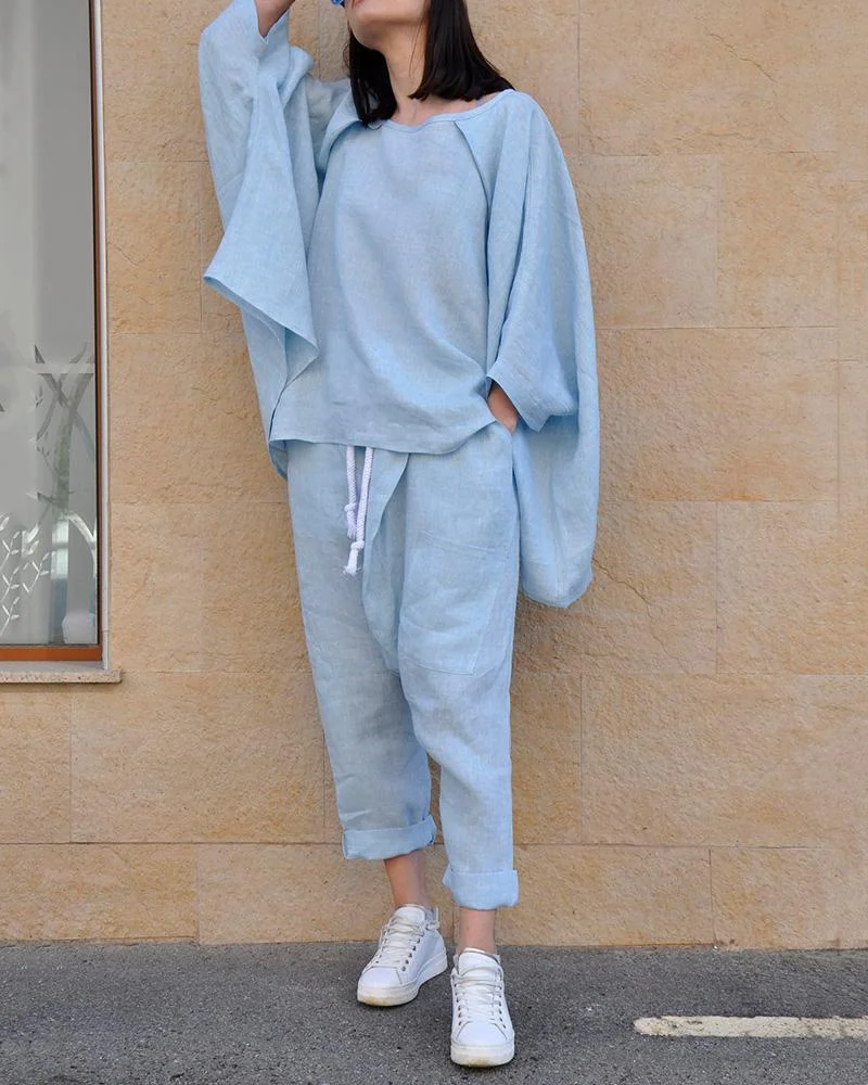 Solid color loose cotton two-piece suit