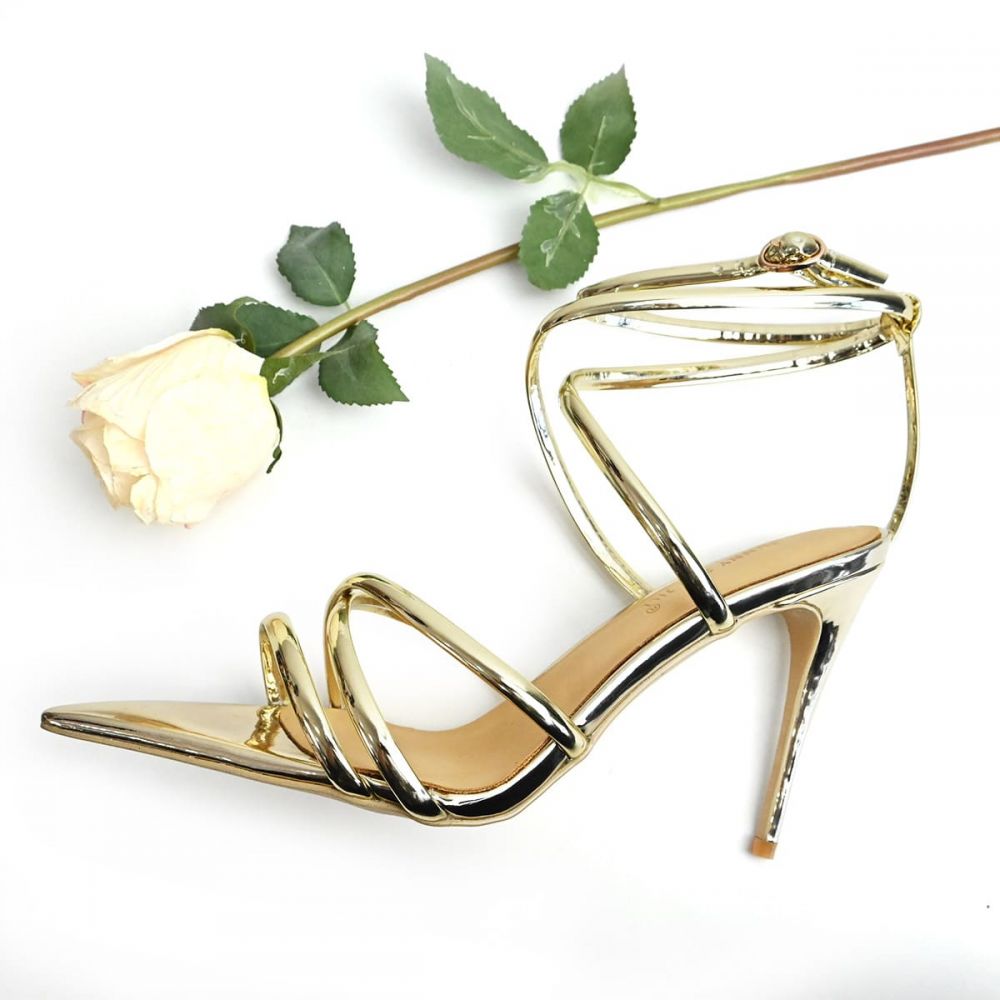 Women's Gold Vegan Leather Open Pointed Toe Strappy Heeled Sandals Nicepairs