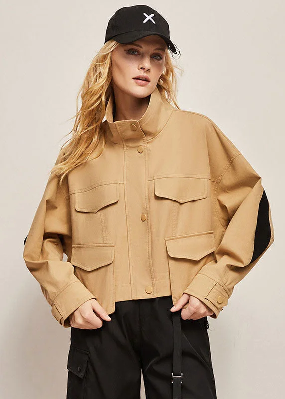Boutique Khaki Stand Collar Oversized Patchwork Cotton Jacket