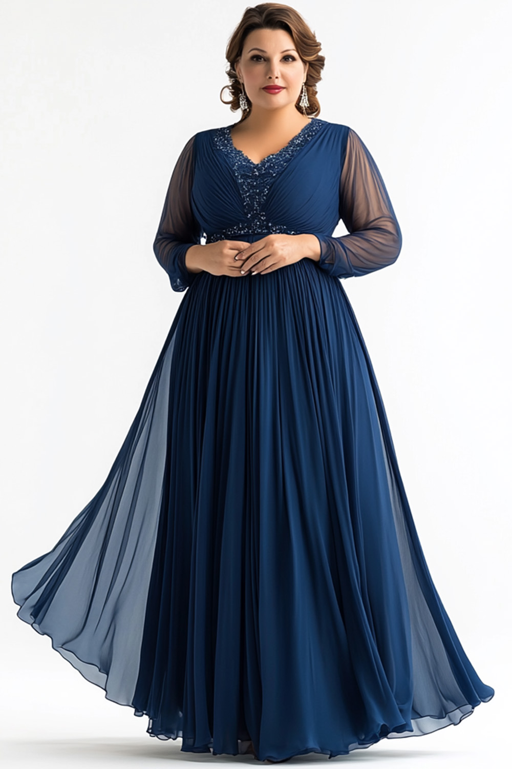 Flycurvy Plus Size Mother Of The Bride Navy Blue Chiffon Empire Waist Long Sleeve Maxi Dress