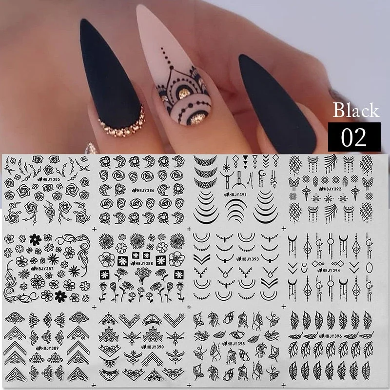12pcs Flower Leaf Lace 3D Stickers for Nail Decals Mandala Flowers White Black Slider Manicure DIY Nail Art Decoration Tools-Nail Inspo