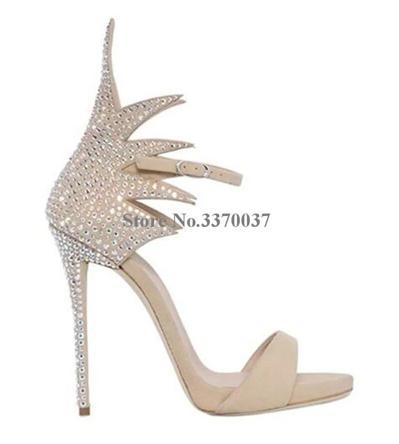 VCSHOES Women Bling Bling Beige Black Rhinestone Wing Shaped Thin Heel Sandals One Straps Ankle Wrap High Heel Sandals Dress Shoes
